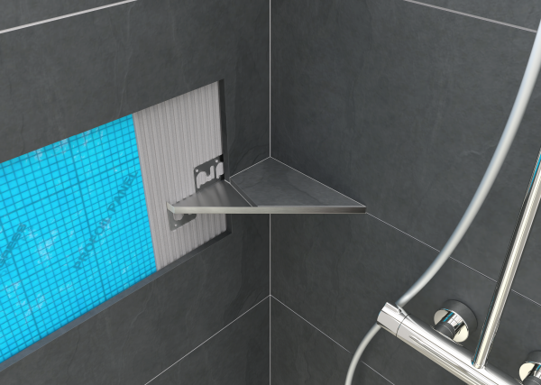 Триъгълен рафт за баня от неръждаема стомана за вграждане на плочка - PRSHLFTP24