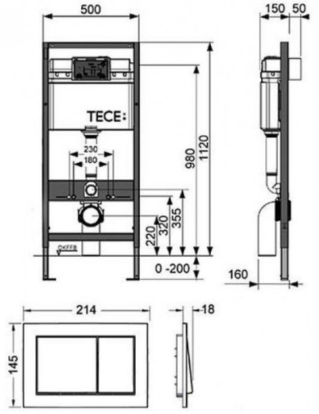 Комплект структура за вграждане 3 в 1 - TECE Германия - с бутон BASE черен мат (9400415)