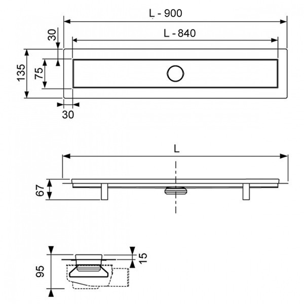 Линеен сифон модел LINUS 15103090 комплект с решетка за монтаж на плочка и рогов сифон - 90 cm